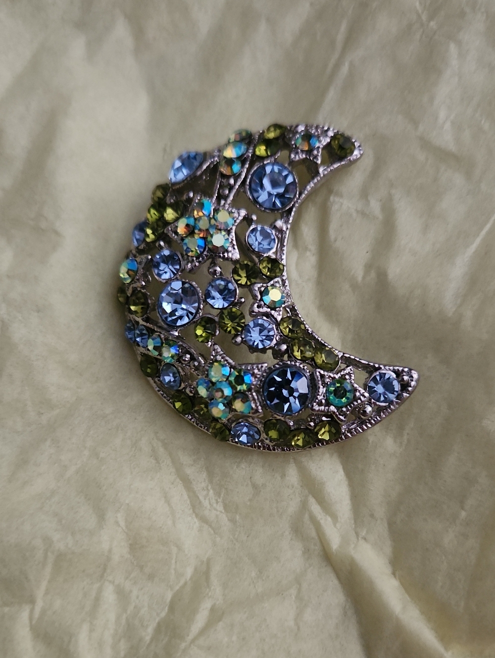 Crescent Moon Crystal Brooch — Blue & Green